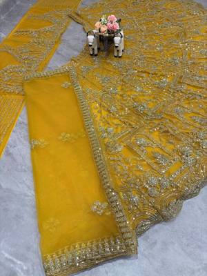 yellow color Coding Sequins Work Net Lehenga Choli set 4