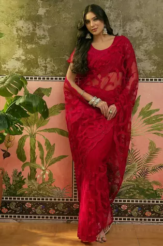 Red embroidered sheer saree with floral motifs