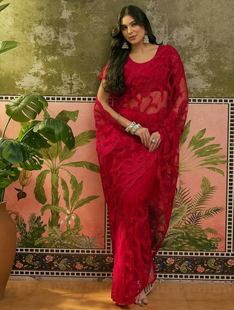 Red embroidered sheer saree with floral motifs
