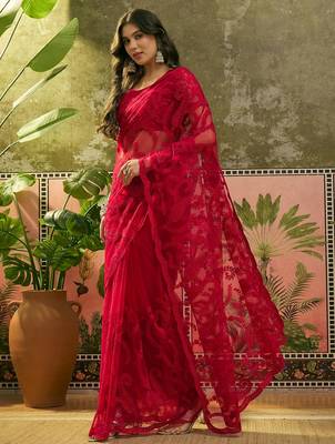 Red embroidered sheer saree with floral motifs 4