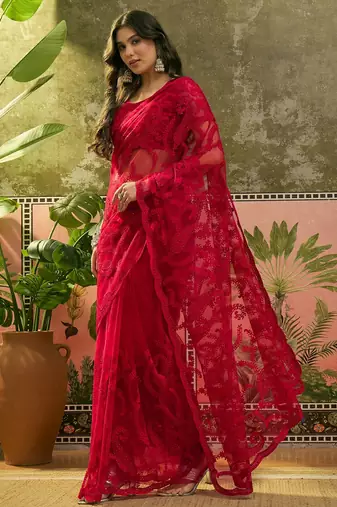 Red embroidered sheer saree with floral motifs