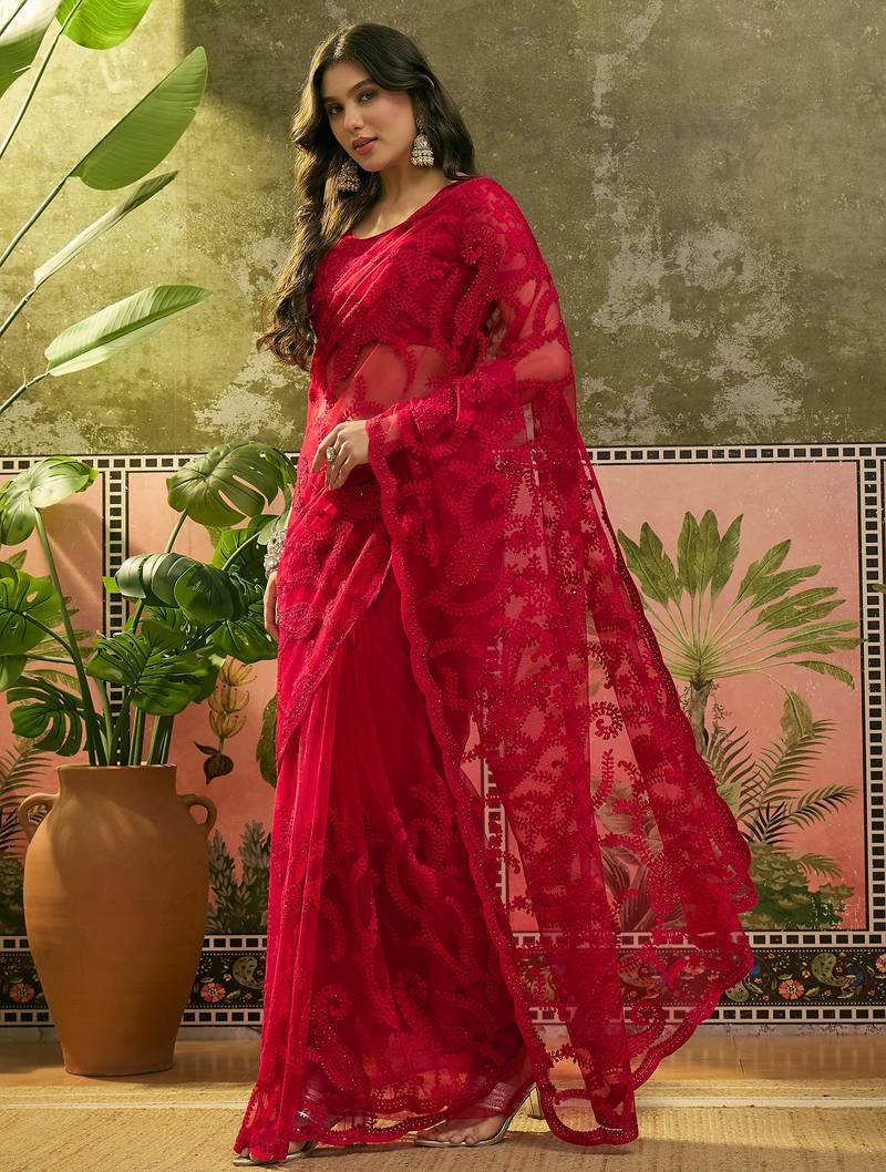 Red embroidered sheer saree with floral motifs