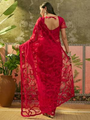 Red embroidered sheer saree with floral motifs 5