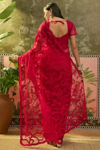Red embroidered sheer saree with floral motifs