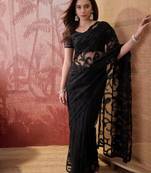 Black embroidered sheer saree with floral motifs