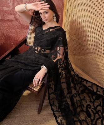 Black embroidered sheer saree with floral motifs 2