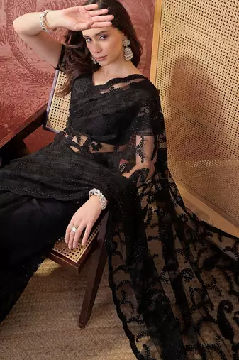 Black embroidered sheer saree with floral motifs
