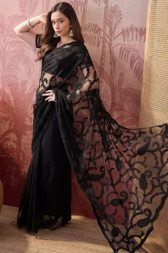 Black embroidered sheer saree with floral motifs