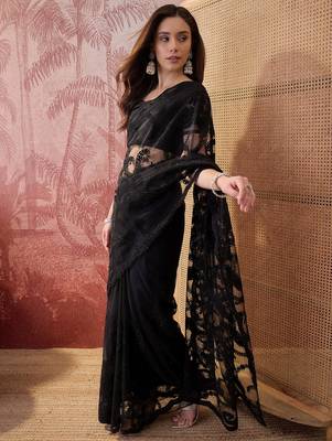 Black embroidered sheer saree with floral motifs 4
