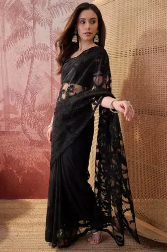 Black embroidered sheer saree with floral motifs