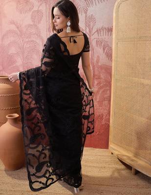 Black embroidered sheer saree with floral motifs 5