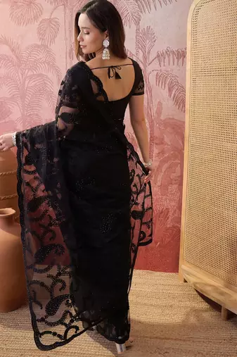 Black embroidered sheer saree with floral motifs
