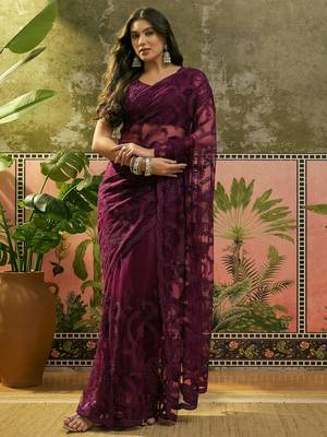 Purple embroidered sheer saree with floral motifs 1
