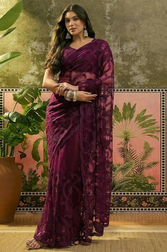 Purple embroidered sheer saree with floral motifs