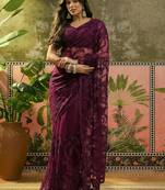 Purple embroidered sheer saree with floral motifs
