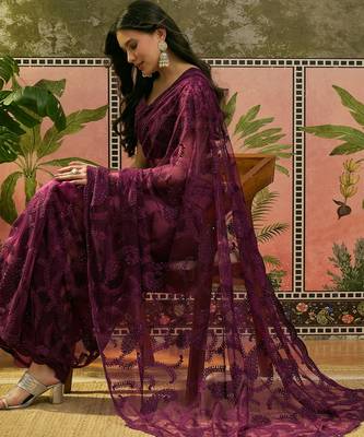 Purple embroidered sheer saree with floral motifs 2