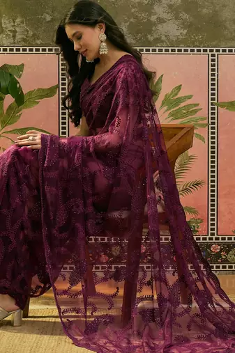 Purple embroidered sheer saree with floral motifs