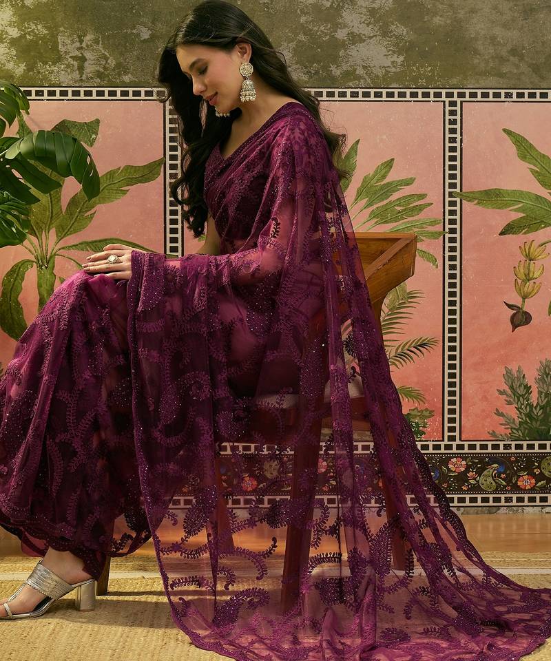 Purple embroidered sheer saree with floral motifs