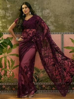 Purple embroidered sheer saree with floral motifs 3
