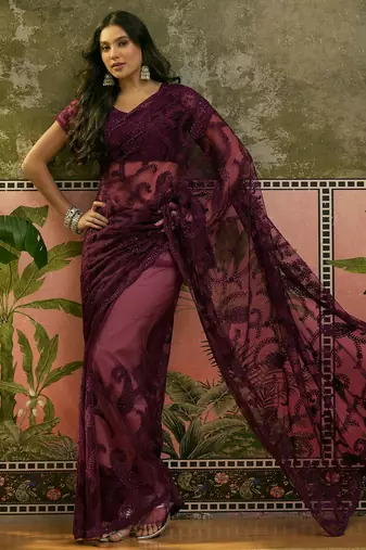 Purple embroidered sheer saree with floral motifs