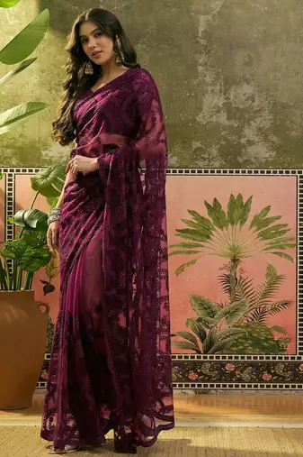 Purple embroidered sheer saree with floral motifs