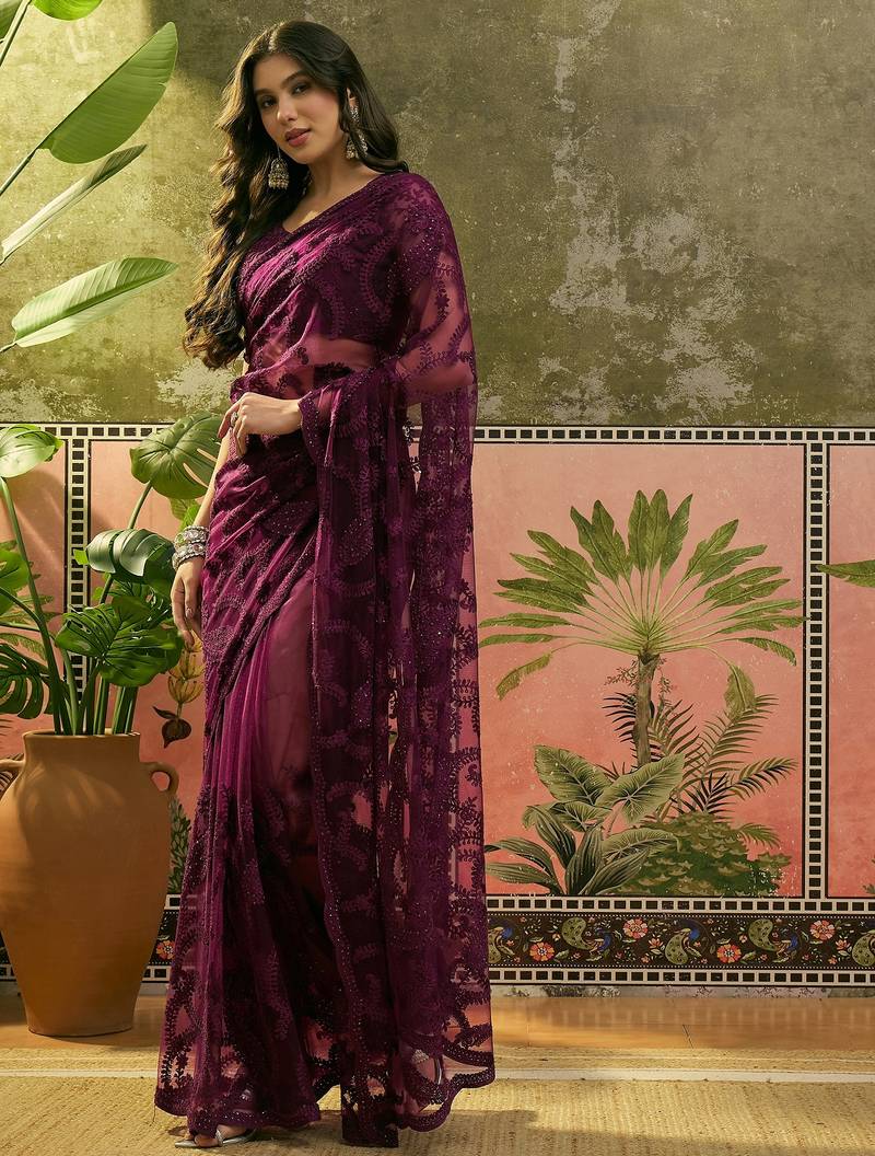 Purple embroidered sheer saree with floral motifs
