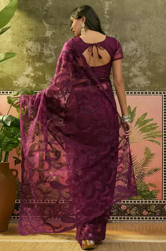 Purple embroidered sheer saree with floral motifs