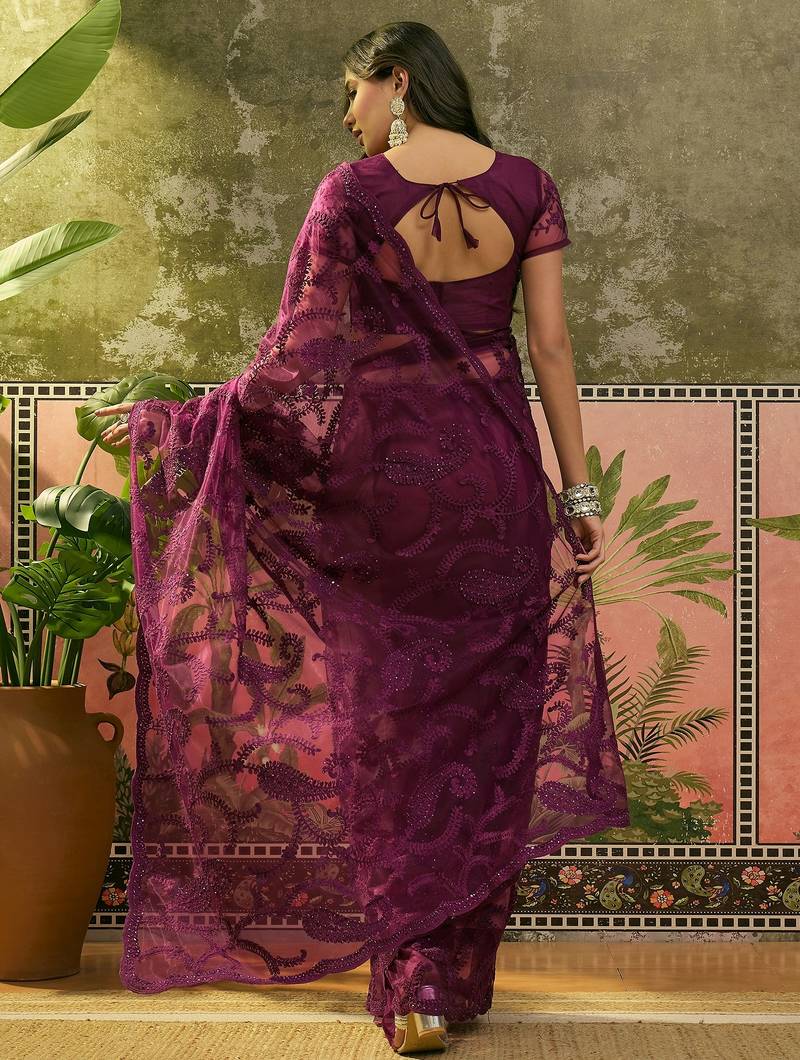Purple embroidered sheer saree with floral motifs