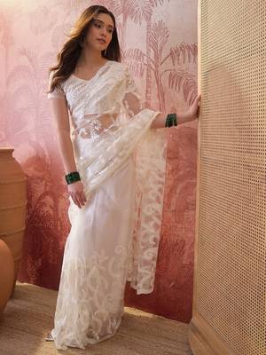 White embroidered sheer saree with floral motifs 1