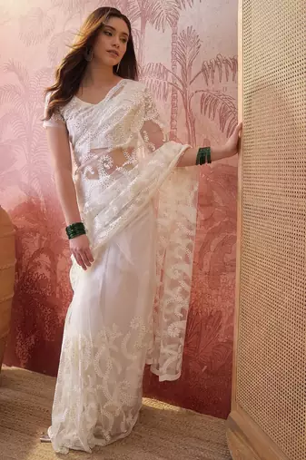 White embroidered sheer saree with floral motifs