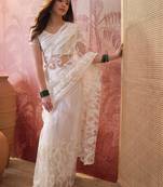 White embroidered sheer saree with floral motifs