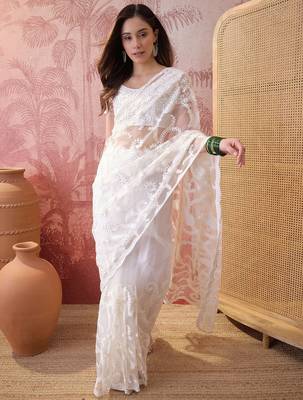 White embroidered sheer saree with floral motifs 3