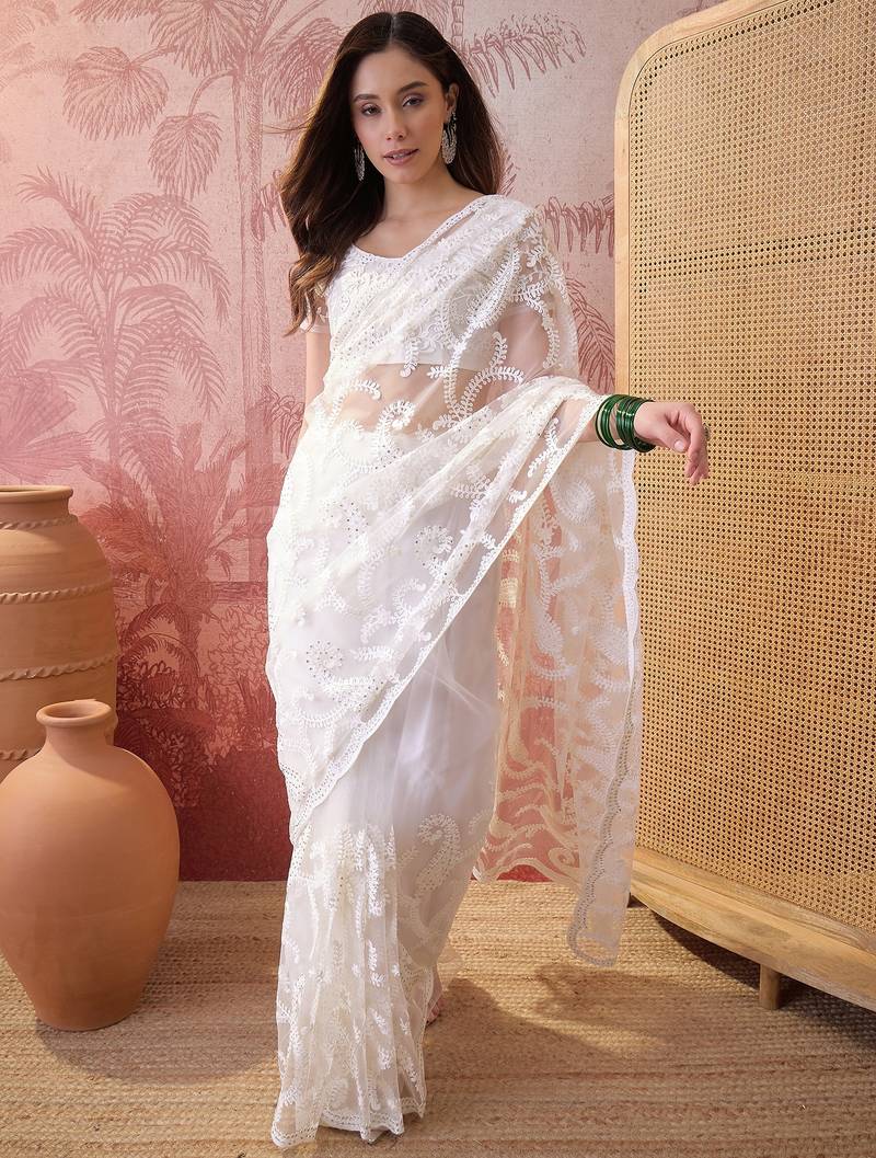White embroidered sheer saree with floral motifs