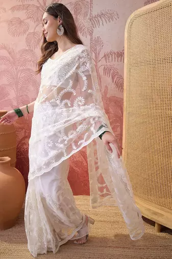 White embroidered sheer saree with floral motifs