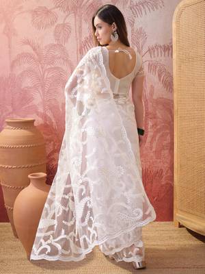White embroidered sheer saree with floral motifs 5