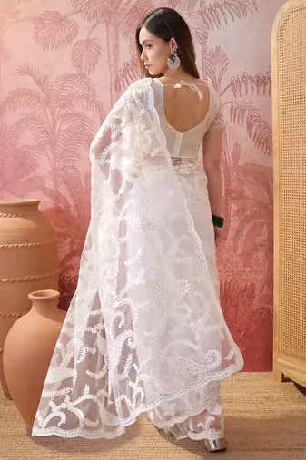 White embroidered sheer saree with floral motifs