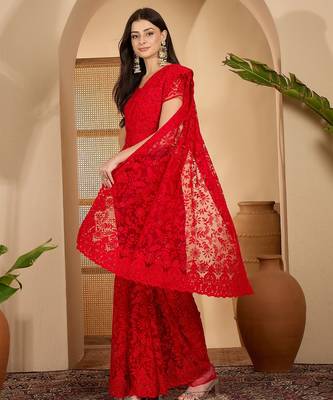 Red heavy net embroidered saree with belt diamond embellished designer festive party wear saree 2