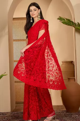Red heavy net embroidered saree with belt diamond embellished designer festive party wear saree