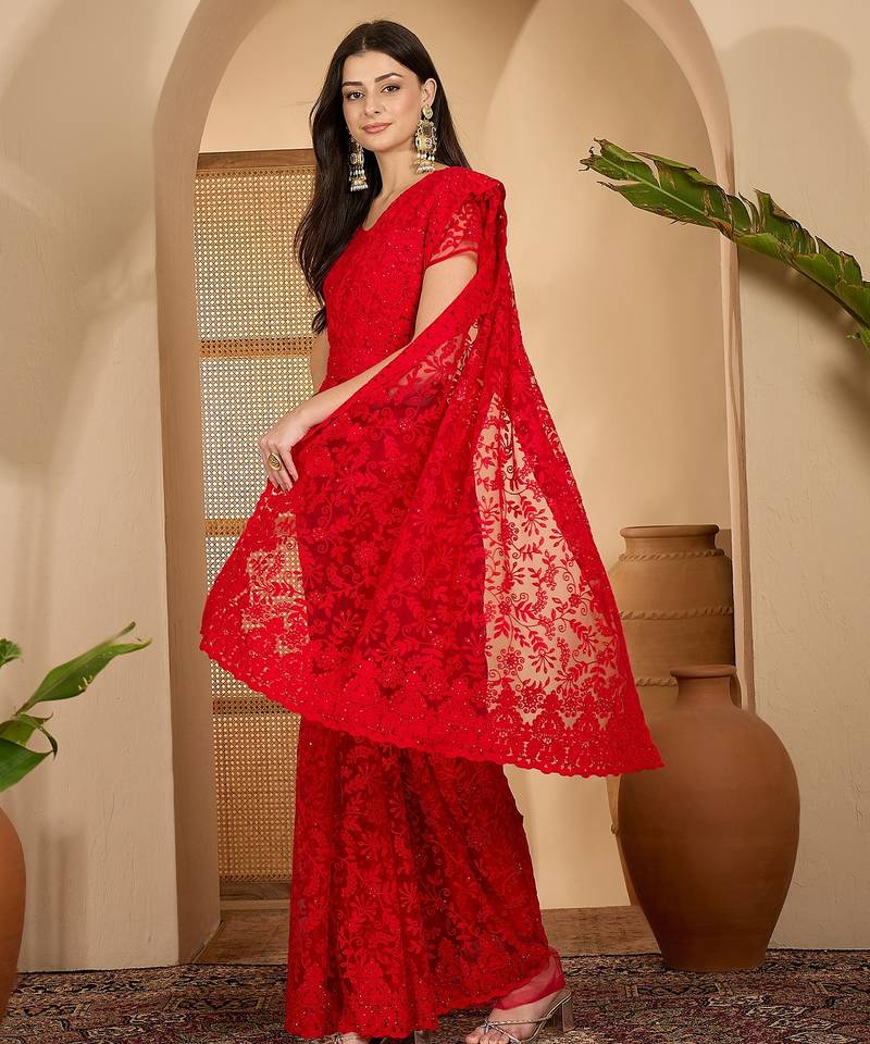 Red heavy net embroidered saree with belt diamond embellished designer festive party wear saree