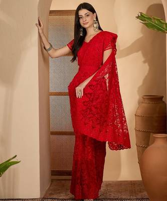 Red heavy net embroidered saree with belt diamond embellished designer festive party wear saree 3