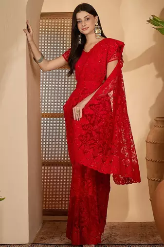 Red heavy net embroidered saree with belt diamond embellished designer festive party wear saree