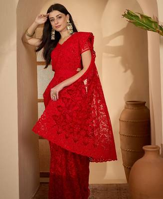 Red heavy net embroidered saree with belt diamond embellished designer festive party wear saree 4