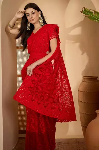 Red heavy net embroidered saree with belt diamond embellished designer festive party wear saree