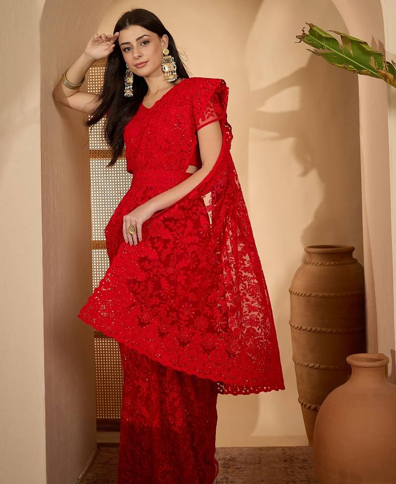 Red heavy net embroidered saree with belt diamond embellished designer festive party wear saree