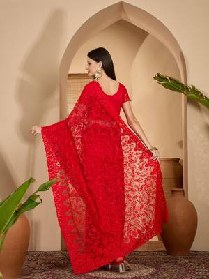 Red heavy net embroidered saree with belt diamond embellished designer festive party wear saree 5