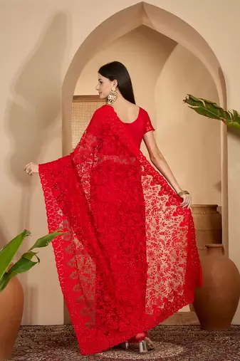 Red heavy net embroidered saree with belt diamond embellished designer festive party wear saree