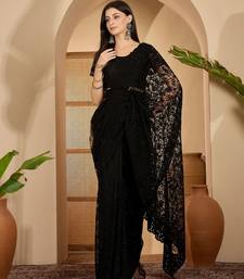 Black heavy net embroidered saree with belt diamond embellished designer party & reception saree