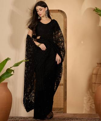 Black heavy net embroidered saree with belt diamond embellished designer party & reception saree 2