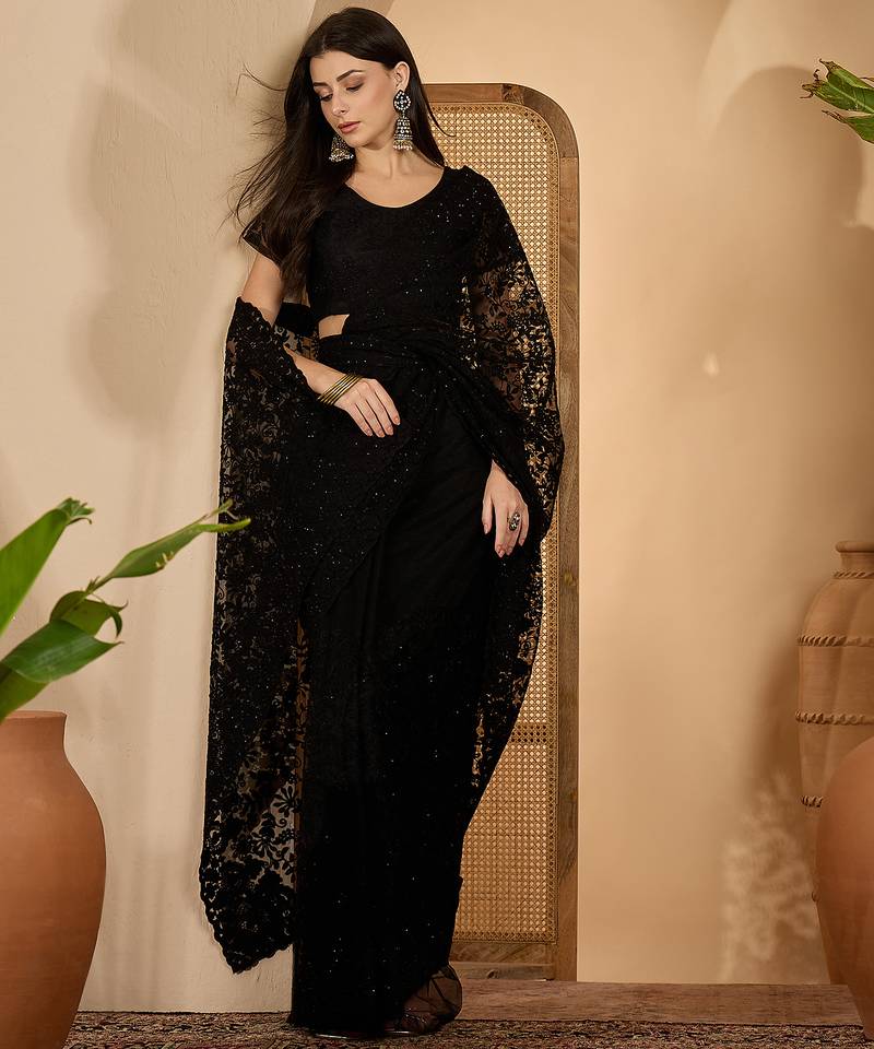 Black heavy net embroidered saree with belt diamond embellished designer party & reception saree