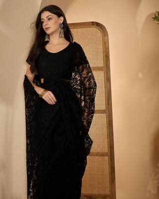 Black heavy net embroidered saree with belt diamond embellished designer party & reception saree 3